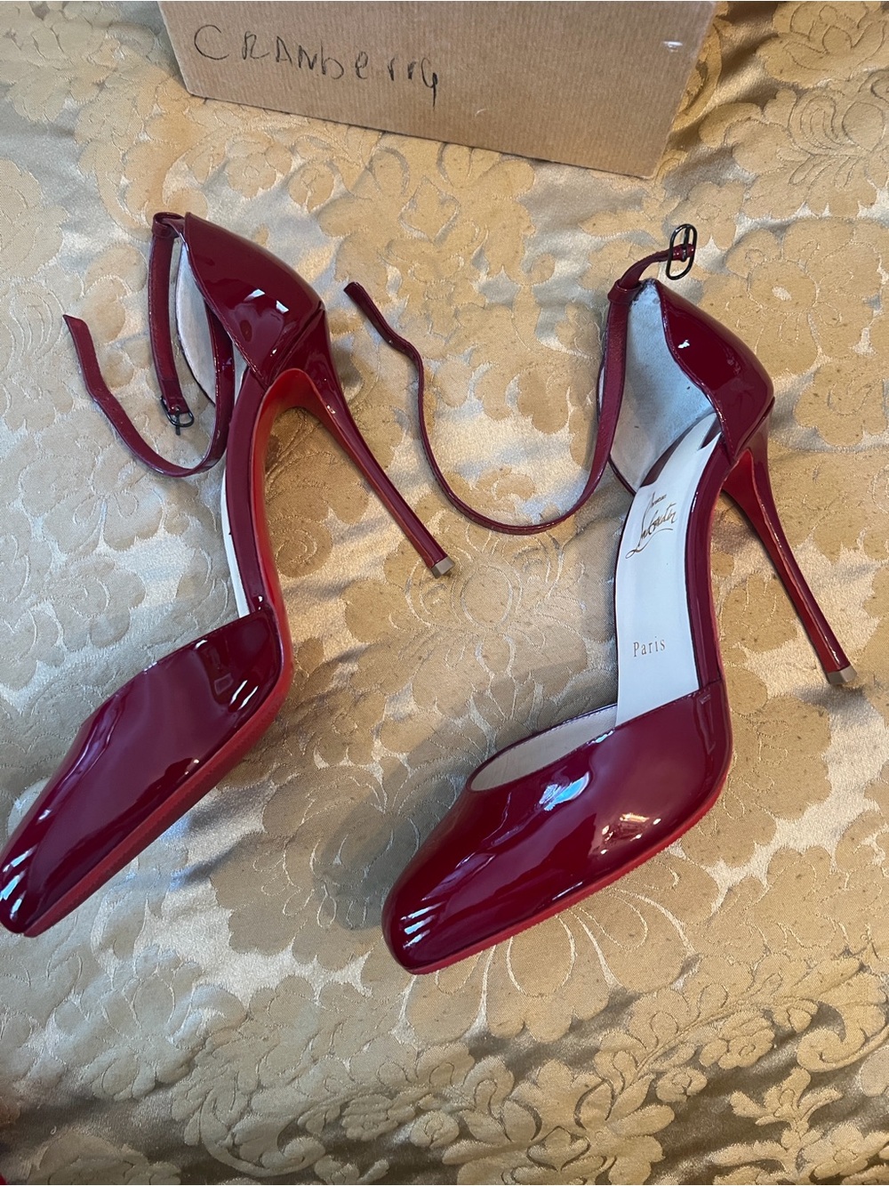 Christian Louboutin Cranberry Patent Ankle-Strap Stiletto Pumps